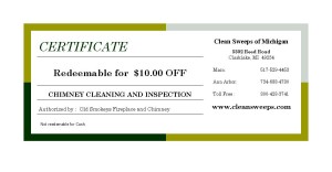 Coupon that says Certificate Redeemable for $10.00 off chimney cleaning and inspection