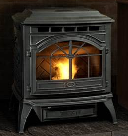 black pellet stove with fire burning in it