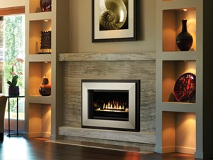 fireplace insert in home with shelves to each side of the hearth and large window on the left