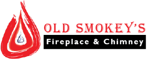 fire logo in red with Old Smokey's written out in red and Fireplace & Chimney in black