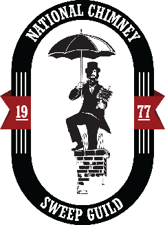 chimney sweep sitting on a chimney holding an umbrella drawing with nation chimney sweep guild written in white letters 