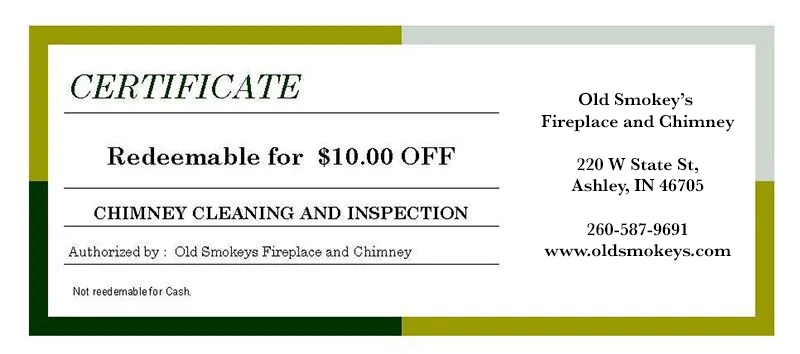 Coupon that says Certificate Redeemable for $10.00 off chimney cleaning and inspection